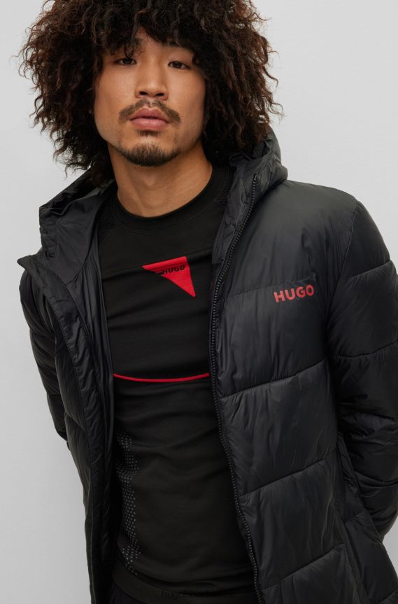 4TFNJN1500 أسود Hugo Boss معطف منتفخ بغطاء رأس من Hugo باللون الأسود مع شعار على الصدر