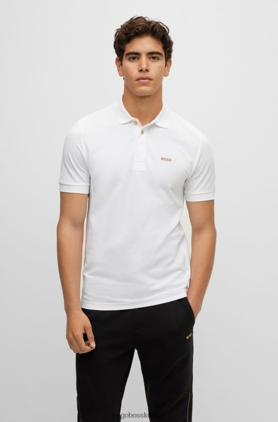 4TFNJN1504 أبيض Hugo Boss قميص بولو أبيض من قطن بيكيه © بقصة ضيقة مع إضافات مخططة