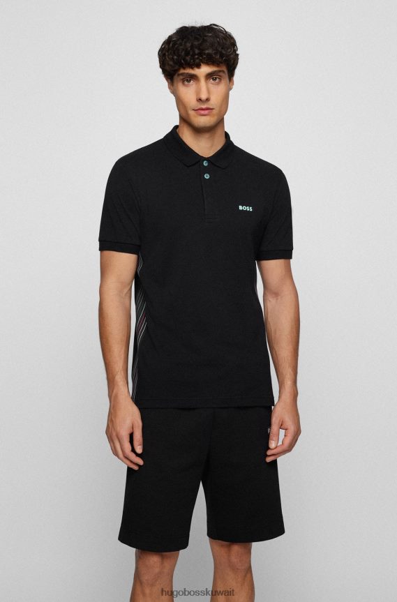 4TFNJN1505 أسود Hugo Boss قميص بولو من قطن بيكيه © بقصة ضيقة مع إدراجات مخططة باللون الأسود