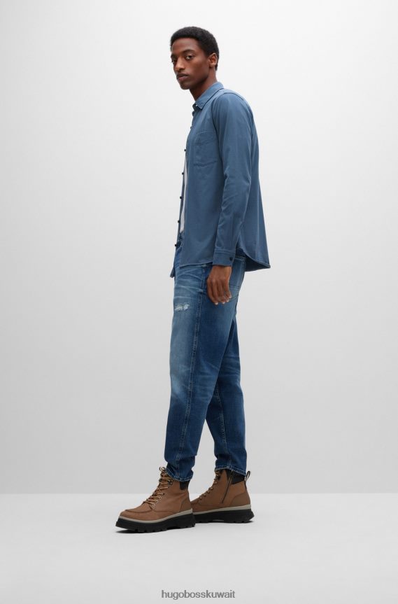 4TFNJN1515 أزرق Hugo Boss قميص بقصّة ضيّقة مصنوع من قطن الجيرسيه مع أزرار مطاطية باللون الأزرق من هوغو