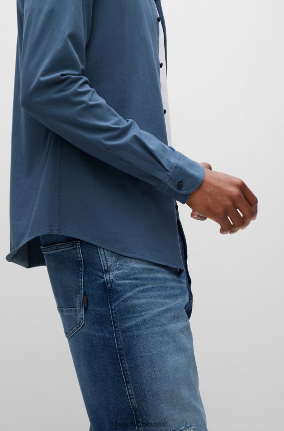 4TFNJN1515 أزرق Hugo Boss قميص بقصّة ضيّقة مصنوع من قطن الجيرسيه مع أزرار مطاطية باللون الأزرق من هوغو