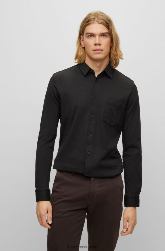 4TFNJN1516 أسود Hugo Boss قميص أسود بقصة ضيقة مصنوع من قطن الجيرسيه مع أزرار مطاطية من هوغو