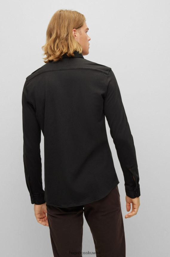 4TFNJN1516 أسود Hugo Boss قميص أسود بقصة ضيقة مصنوع من قطن الجيرسيه مع أزرار مطاطية من هوغو