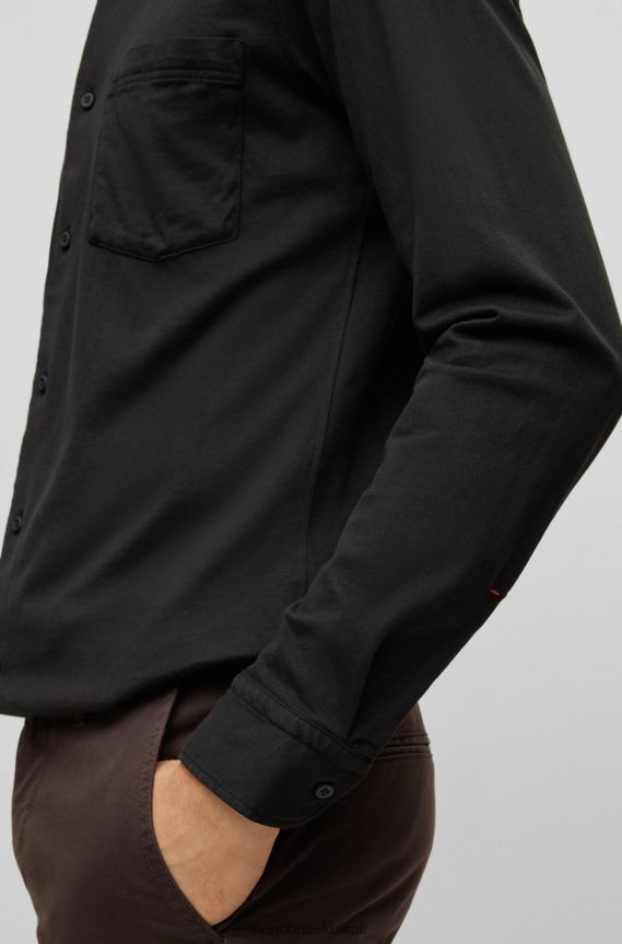 4TFNJN1516 أسود Hugo Boss قميص أسود بقصة ضيقة مصنوع من قطن الجيرسيه مع أزرار مطاطية من هوغو