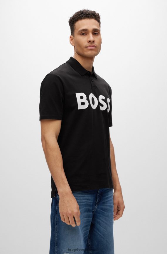 4TFNJN1517 أسود Hugo Boss قميص بولو من القطن الجيرسي مع شعار متباين باللون الأسود