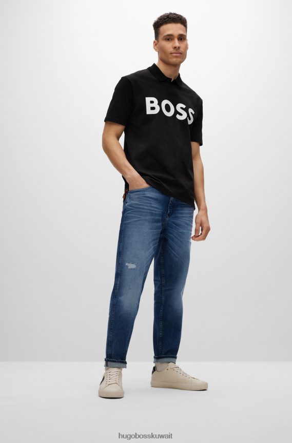 4TFNJN1517 أسود Hugo Boss قميص بولو من القطن الجيرسي مع شعار متباين باللون الأسود