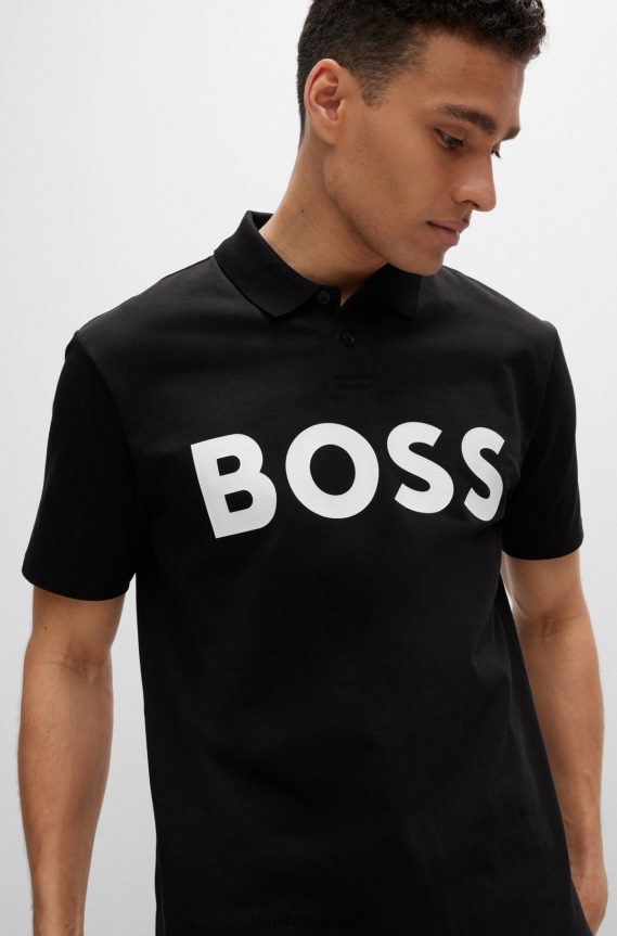 4TFNJN1517 أسود Hugo Boss قميص بولو من القطن الجيرسي مع شعار متباين باللون الأسود