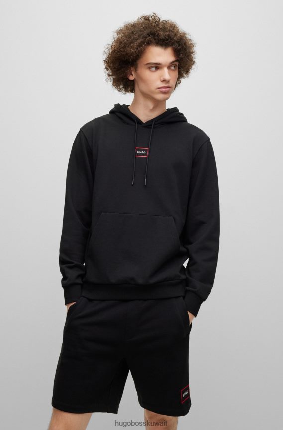 4TFNJN1519 أسود Hugo Boss هودي هوغو أسود مريح بغطاء للرأس من قماش تيري الفرنسي مع شعار مؤطر