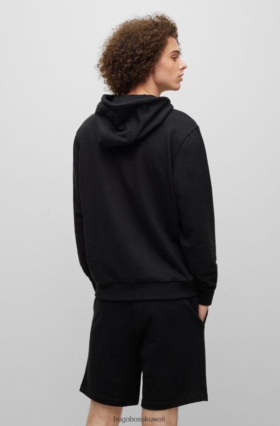 4TFNJN1519 أسود Hugo Boss هودي هوغو أسود مريح بغطاء للرأس من قماش تيري الفرنسي مع شعار مؤطر