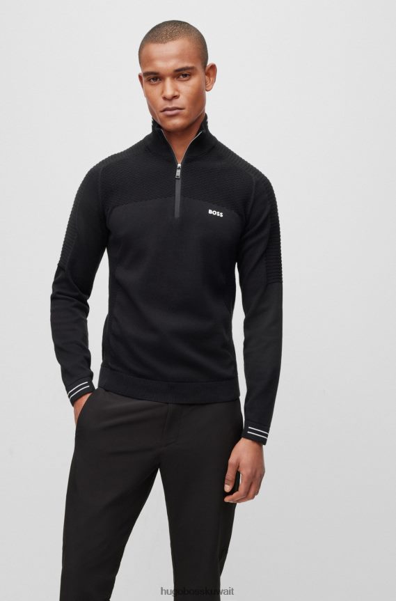 4TFNJN1521 أسود Hugo Boss سترة من القطن العضوي برقبة بسحاب مع شعار مطبوع باللون الأسود