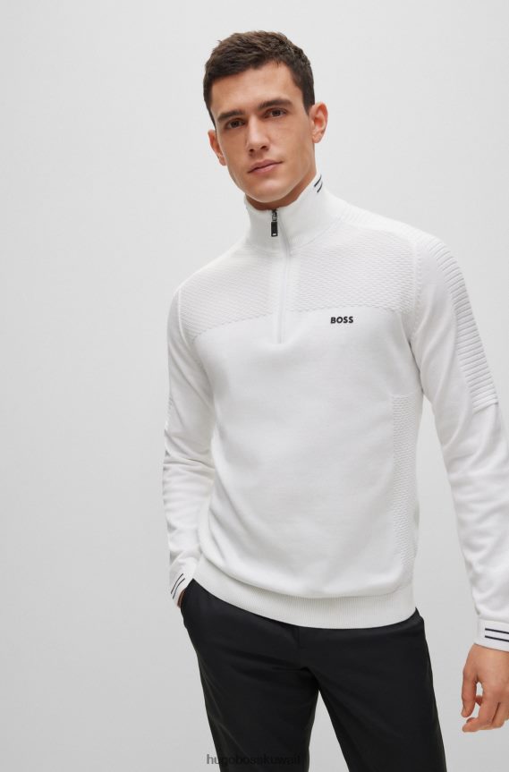 4TFNJN1522 أبيض Hugo Boss سترة بيضاء من القطن العضوي برقبة بسحاب مع شعار هوغو مطبوع