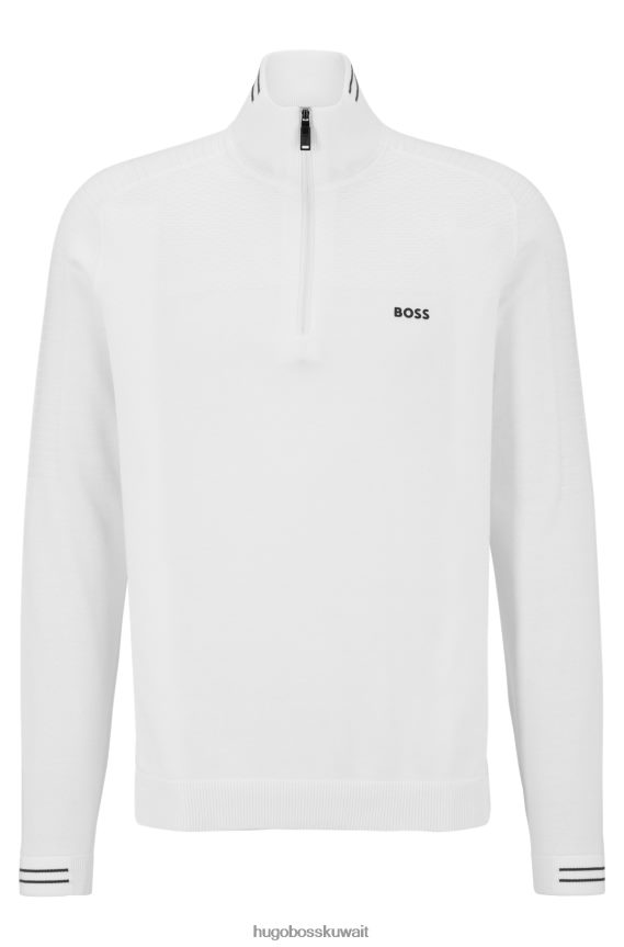 4TFNJN1522 أبيض Hugo Boss سترة بيضاء من القطن العضوي برقبة بسحاب مع شعار هوغو مطبوع