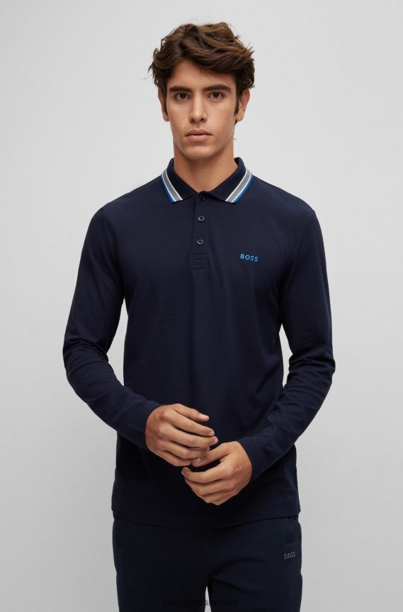 4TFNJN1526 أزرق غامق Hugo Boss قميص بولو من قطن بيكيه© من هوغو مع تفاصيل بياقة باللون الأزرق الداكن