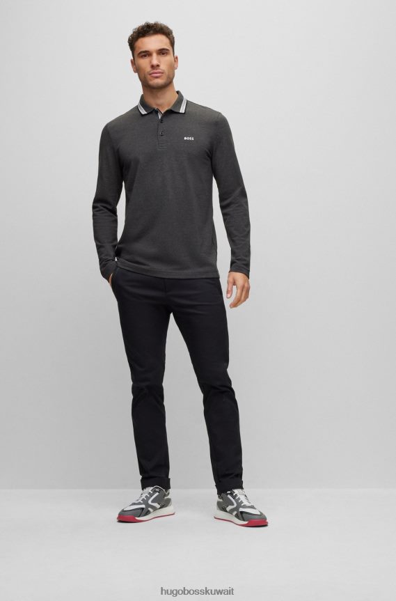 4TFNJN1528 الرمادي الداكن Hugo Boss قميص بولو من قطن بيكيه © باللون الرمادي الداكن مع ياقة بتفاصيل هوغو