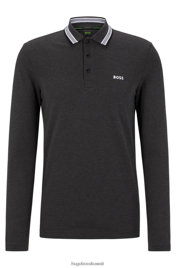 4TFNJN1528 الرمادي الداكن Hugo Boss قميص بولو من قطن بيكيه © باللون الرمادي الداكن مع ياقة بتفاصيل هوغو