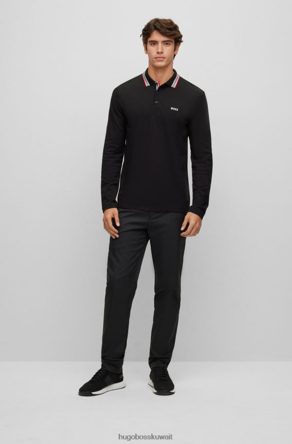 4TFNJN1529 أسود Hugo Boss قميص بولو من قطن بيكيه مع تفاصيل بياقة هوغو باللون الأسود