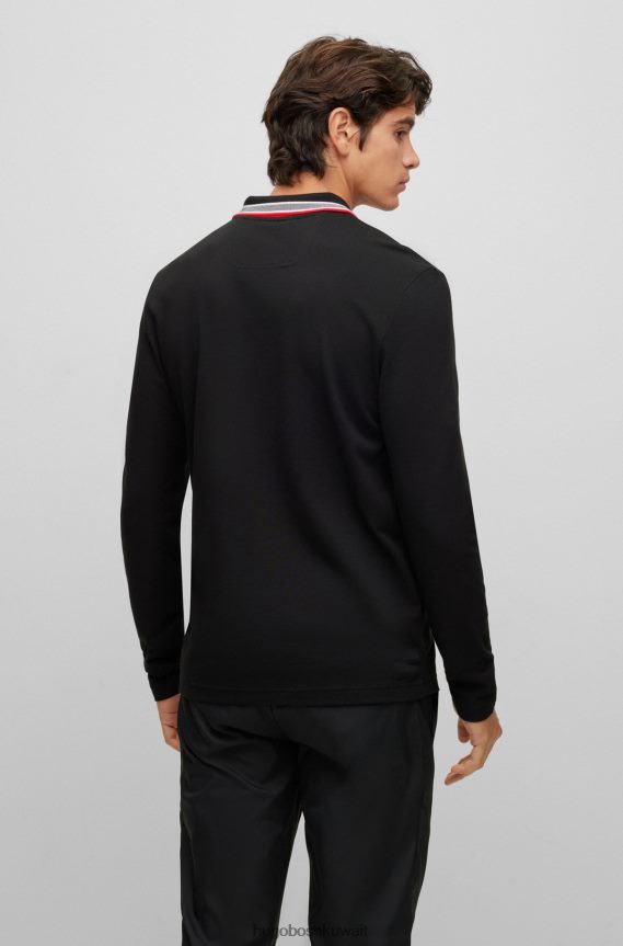 4TFNJN1529 أسود Hugo Boss قميص بولو من قطن بيكيه مع تفاصيل بياقة هوغو باللون الأسود