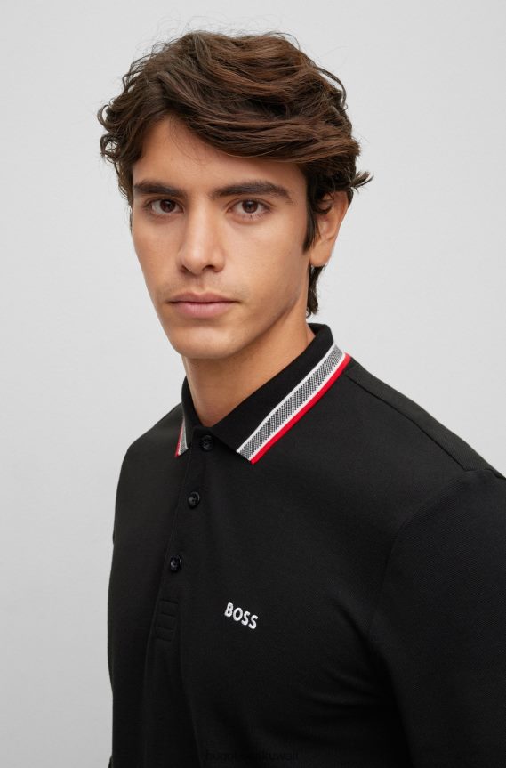 4TFNJN1529 أسود Hugo Boss قميص بولو من قطن بيكيه مع تفاصيل بياقة هوغو باللون الأسود