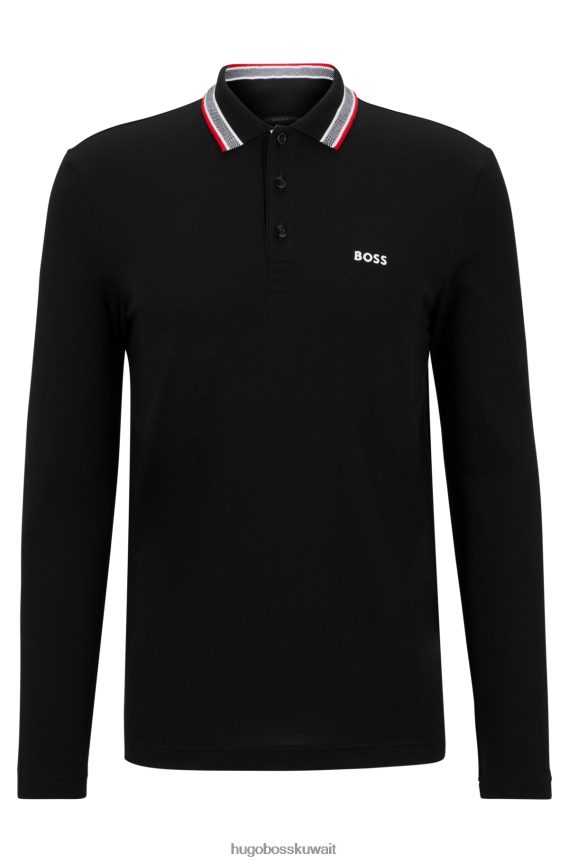 4TFNJN1529 أسود Hugo Boss قميص بولو من قطن بيكيه مع تفاصيل بياقة هوغو باللون الأسود