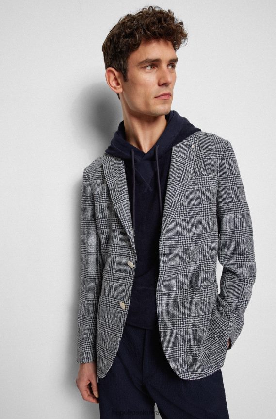 4TFNJN1534 أزرق غامق Hugo Boss سترة زرقاء داكنة بقصة ضيقة مصنوعة من قماش هوغو المطاطي المربع