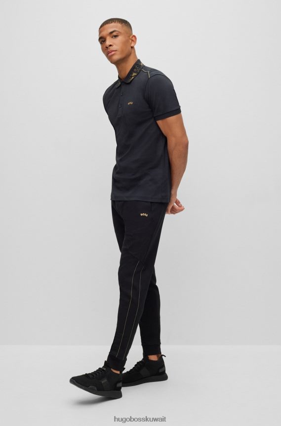 4TFNJN1542 أسود Hugo Boss قميص بولو أسود من قطن هوغو المتشابك مع عمل فني شبكي