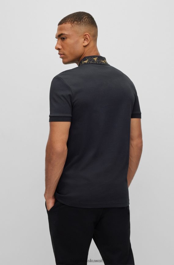 4TFNJN1542 أسود Hugo Boss قميص بولو أسود من قطن هوغو المتشابك مع عمل فني شبكي