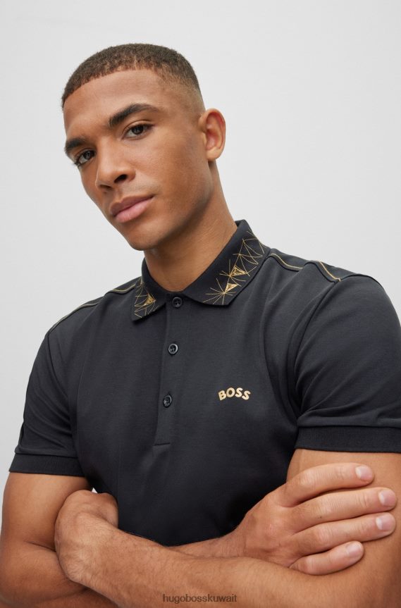 4TFNJN1542 أسود Hugo Boss قميص بولو أسود من قطن هوغو المتشابك مع عمل فني شبكي