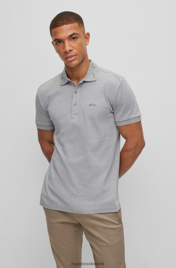 4TFNJN1543 رمادي فاتح Hugo Boss قميص بولو من القطن المتشابك باللون الرمادي الفاتح مع عمل فني شبكي من Hugo