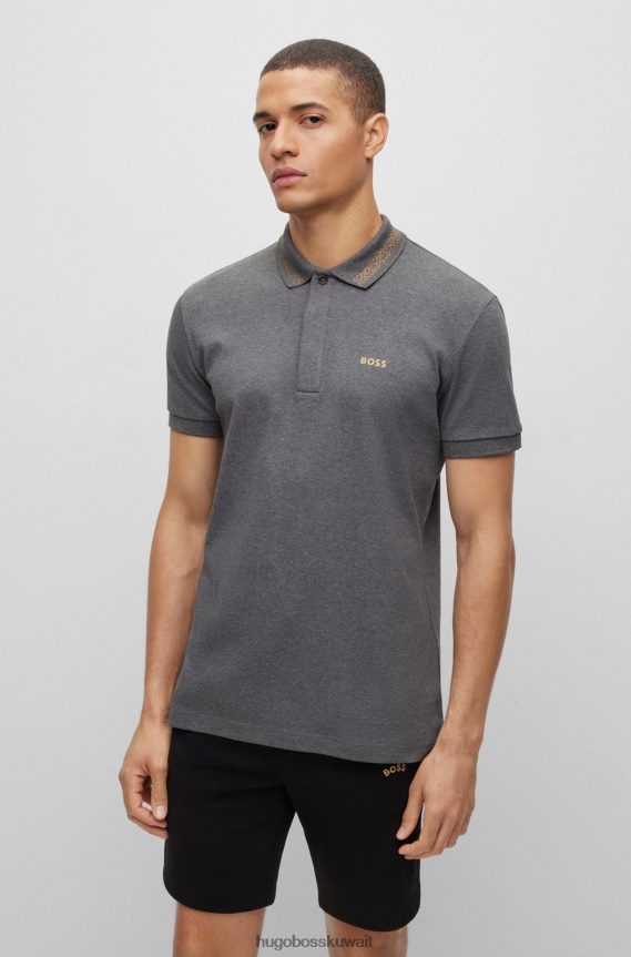 4TFNJN1569 رمادي Hugo Boss قميص بولو من القطن المتشابك من Hugo مع شعار متباين باللون الرمادي