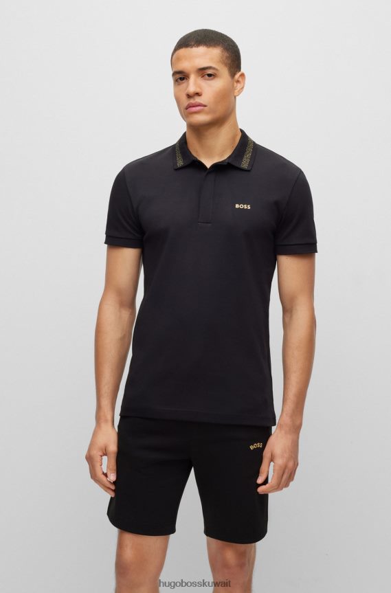 4TFNJN1570 أسود Hugo Boss قميص بولو من القطن المتشابك مع شعار متباين باللون الأسود
