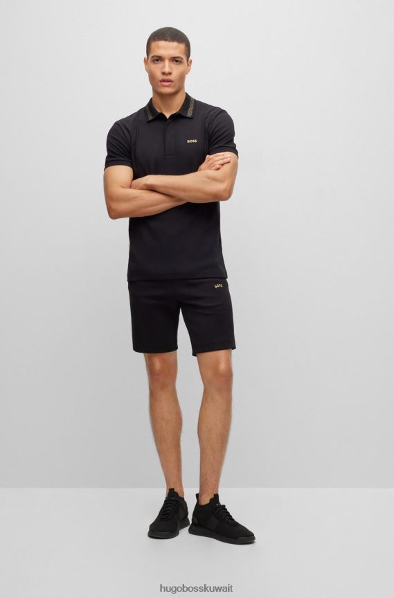 4TFNJN1570 أسود Hugo Boss قميص بولو من القطن المتشابك مع شعار متباين باللون الأسود