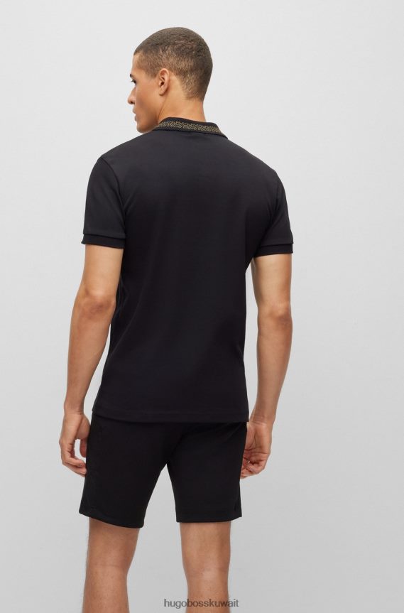 4TFNJN1570 أسود Hugo Boss قميص بولو من القطن المتشابك مع شعار متباين باللون الأسود