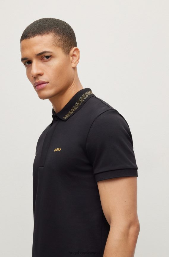 4TFNJN1570 أسود Hugo Boss قميص بولو من القطن المتشابك مع شعار متباين باللون الأسود