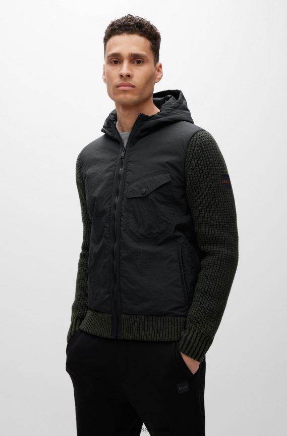 4TFNJN1575 أسود Hugo Boss سترة Hugo الهجينة بمقاس عادي مع شارة شعار السيليكون باللون الأسود