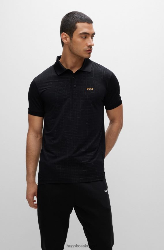 4TFNJN1577 أسود Hugo Boss قميص بولو أسود قابل للتمدد بقصة ضيقة مع تأثيرات متوهجة من هوغو