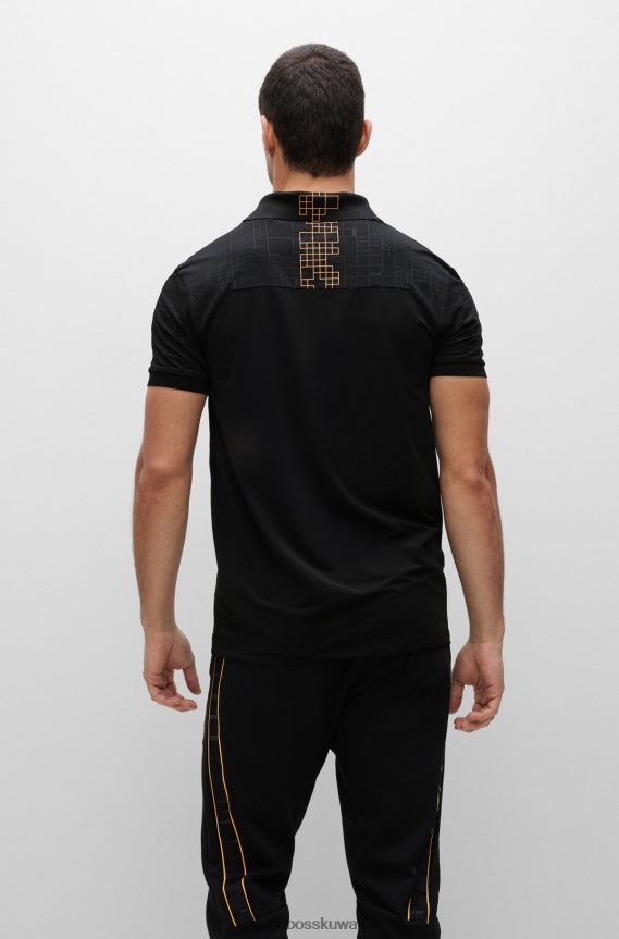 4TFNJN1577 أسود Hugo Boss قميص بولو أسود قابل للتمدد بقصة ضيقة مع تأثيرات متوهجة من هوغو