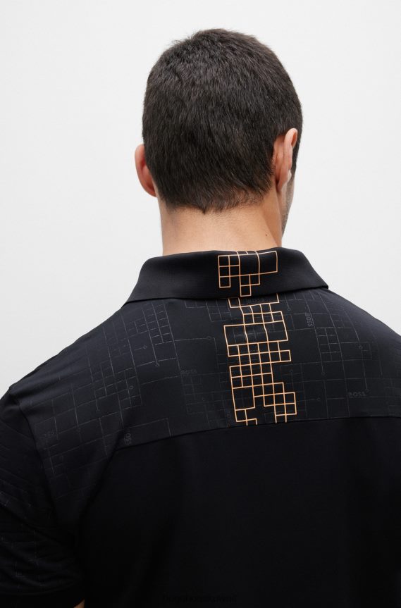 4TFNJN1577 أسود Hugo Boss قميص بولو أسود قابل للتمدد بقصة ضيقة مع تأثيرات متوهجة من هوغو