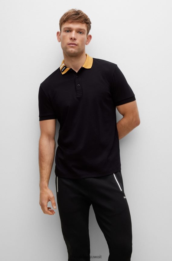 4TFNJN1590 أسود Hugo Boss قميص بولو من القطن الخالص مع ياقة شعار هوغو باللون الأسود