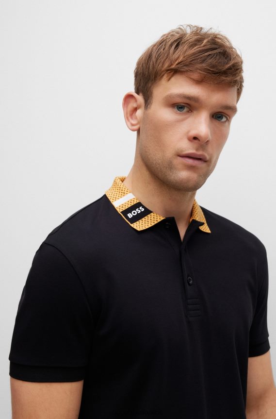 4TFNJN1590 أسود Hugo Boss قميص بولو من القطن الخالص مع ياقة شعار هوغو باللون الأسود