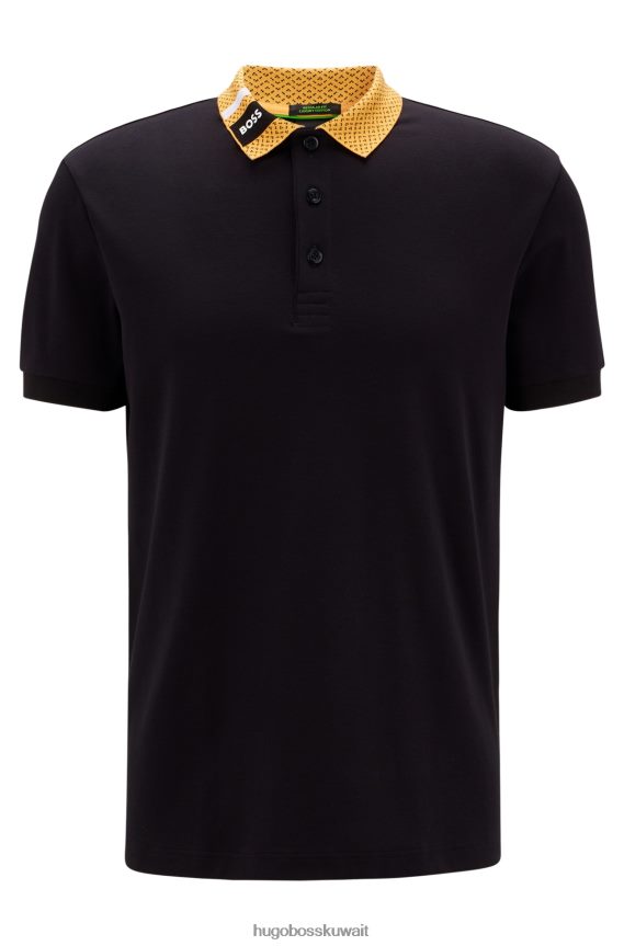 4TFNJN1590 أسود Hugo Boss قميص بولو من القطن الخالص مع ياقة شعار هوغو باللون الأسود