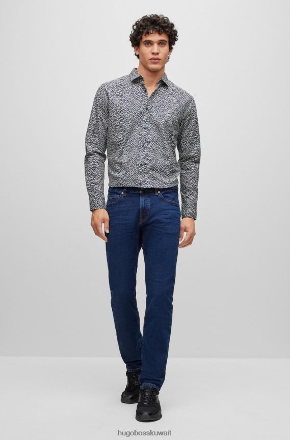 4TFNJN1595 أزرق غامق Hugo Boss بنطلون جينز أزرق داكن بقصة عادية من قماش الدنيم المريح والمطاط باللون النيلي الرخامي