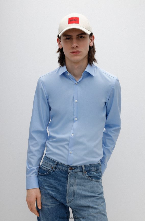 4TFNJN1597 أزرق فاتح Hugo Boss قميص Hugo ذو قصة ضيقة باللون الأزرق الفاتح مصنوع من قماش البوبلين القطني سهل الكي