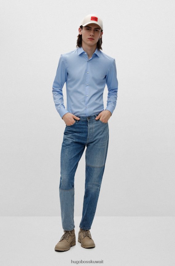 4TFNJN1597 أزرق فاتح Hugo Boss قميص Hugo ذو قصة ضيقة باللون الأزرق الفاتح مصنوع من قماش البوبلين القطني سهل الكي