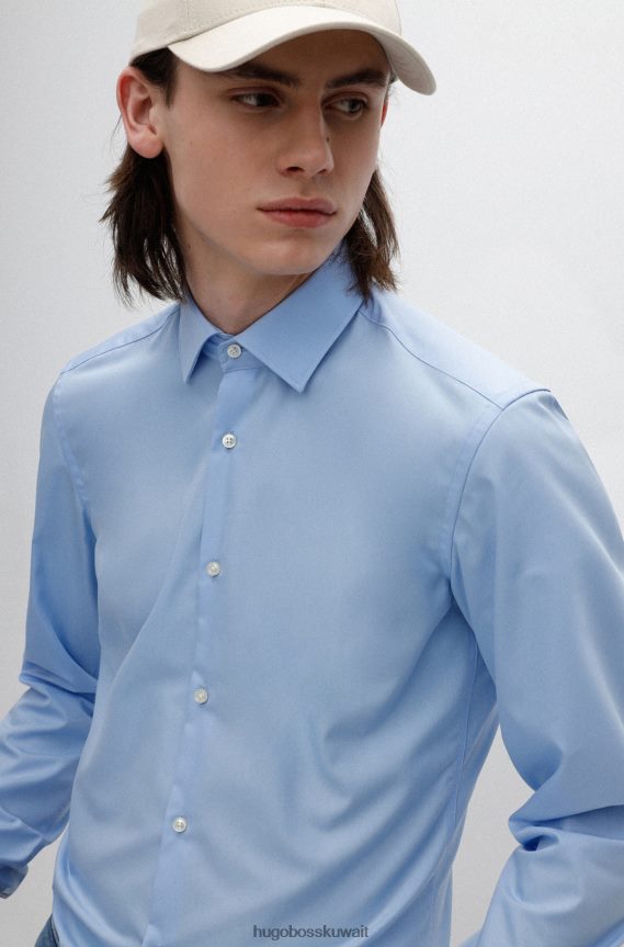 4TFNJN1597 أزرق فاتح Hugo Boss قميص Hugo ذو قصة ضيقة باللون الأزرق الفاتح مصنوع من قماش البوبلين القطني سهل الكي
