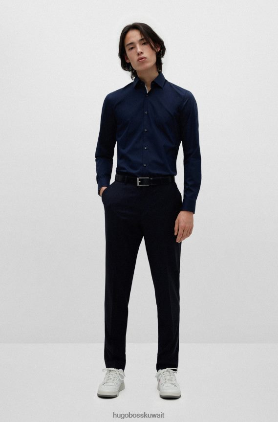 4TFNJN1598 أزرق غامق Hugo Boss قميص Hugo ذو قصة ضيقة باللون الأزرق الداكن من قماش البوبلين القطني سهل الكي