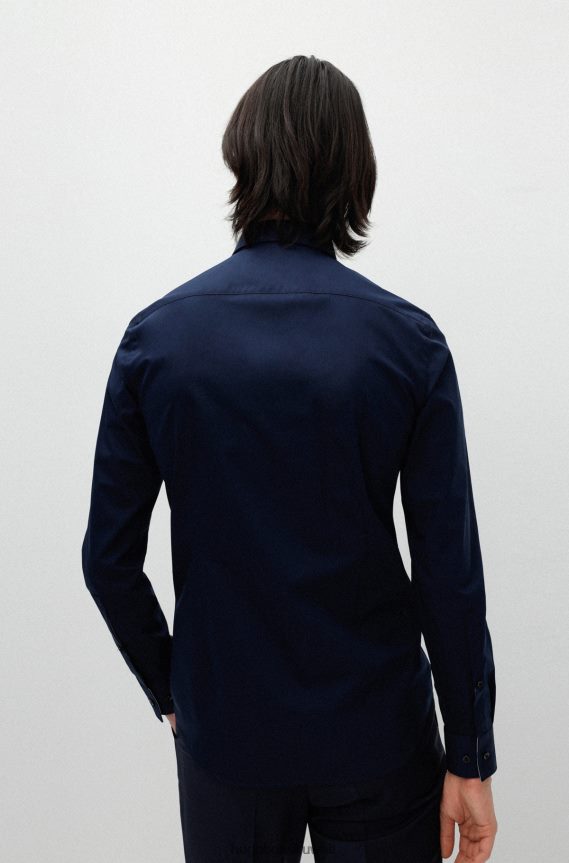 4TFNJN1598 أزرق غامق Hugo Boss قميص Hugo ذو قصة ضيقة باللون الأزرق الداكن من قماش البوبلين القطني سهل الكي