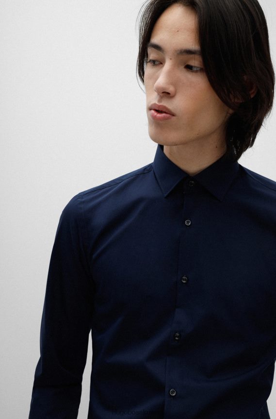 4TFNJN1598 أزرق غامق Hugo Boss قميص Hugo ذو قصة ضيقة باللون الأزرق الداكن من قماش البوبلين القطني سهل الكي