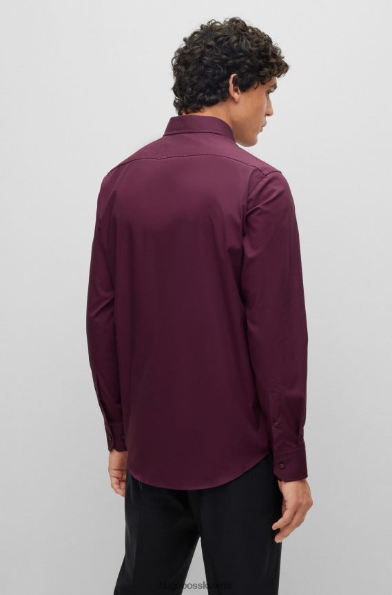 4TFNJN1600 الأرجواني الداكن Hugo Boss قميص بقصة عادية مصنوع من قماش البوبلين القطني المطاطي سهل الكي باللون الأرجواني الداكن