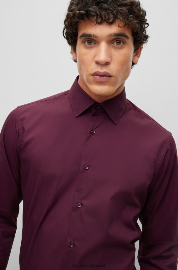 4TFNJN1600 الأرجواني الداكن Hugo Boss قميص بقصة عادية مصنوع من قماش البوبلين القطني المطاطي سهل الكي باللون الأرجواني الداكن