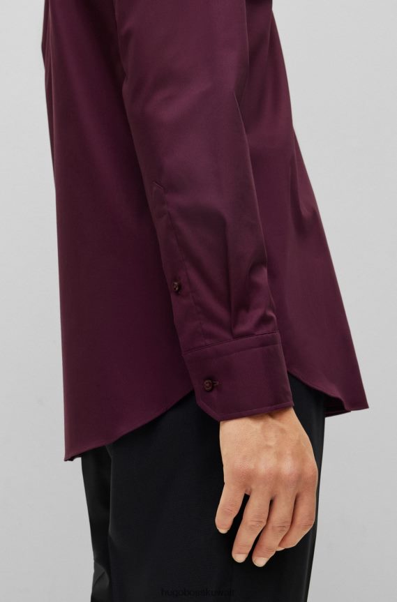 4TFNJN1600 الأرجواني الداكن Hugo Boss قميص بقصة عادية مصنوع من قماش البوبلين القطني المطاطي سهل الكي باللون الأرجواني الداكن